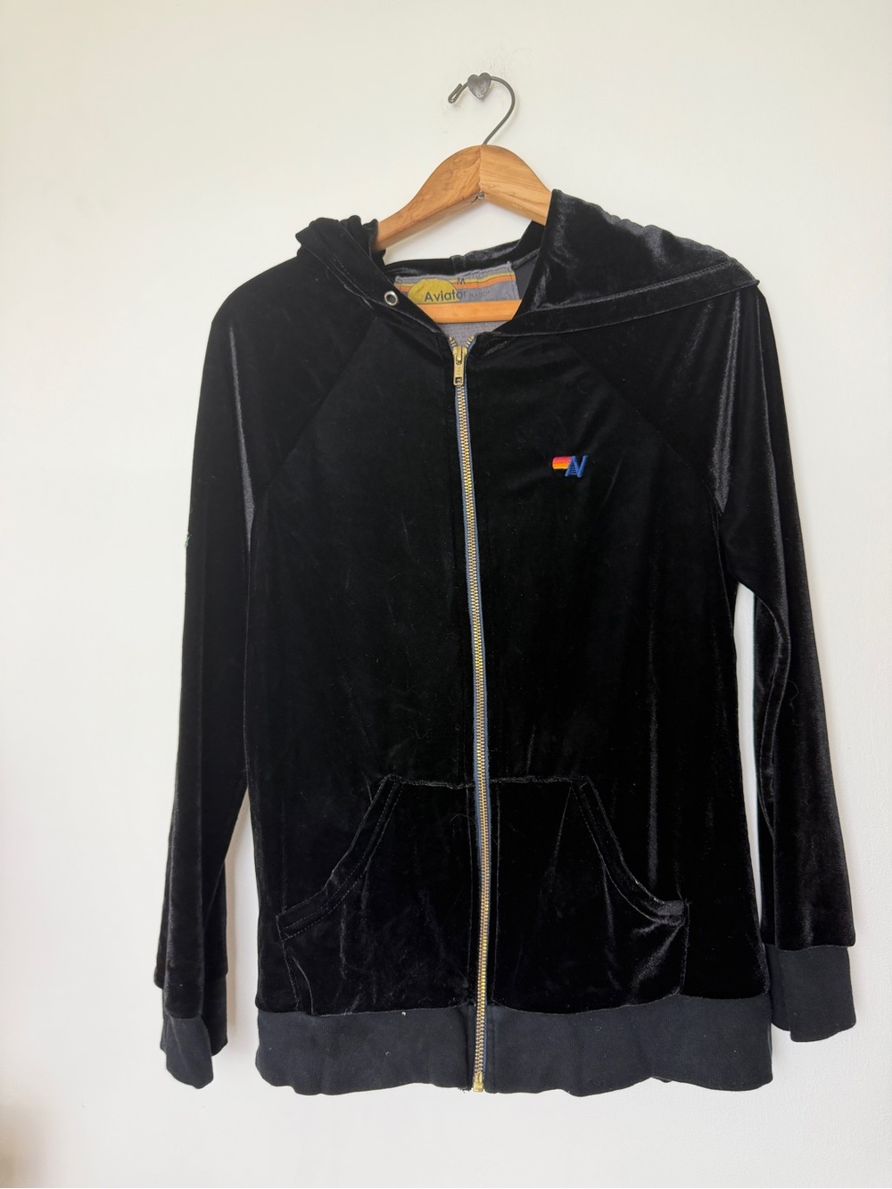 Aviator Nation Black Velvet Zip-Up Hoodie with Rainbow Logo